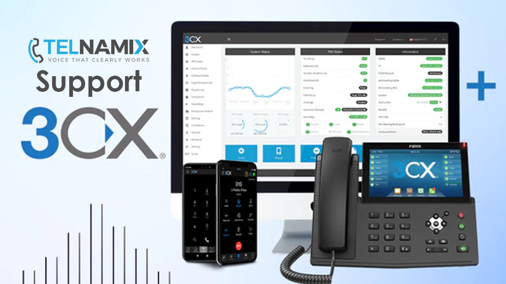 Telnamix-supported 3CX system with admin console, desk phone, and mobile apps