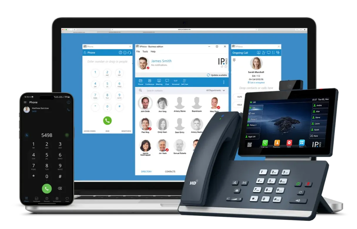 The hosted platform on a laptop, mobile app, and video desk phone